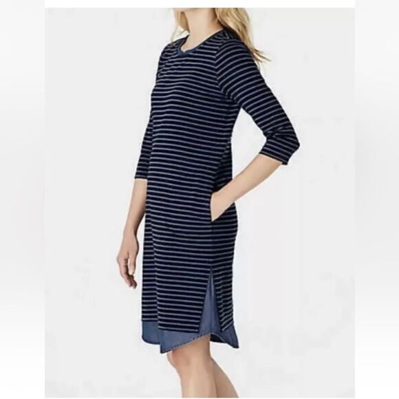 J.Jill Dress Mixed Media Shirttail  Striped Womens Size 1X  Blue Denim Pockets - Picture 2 of 15